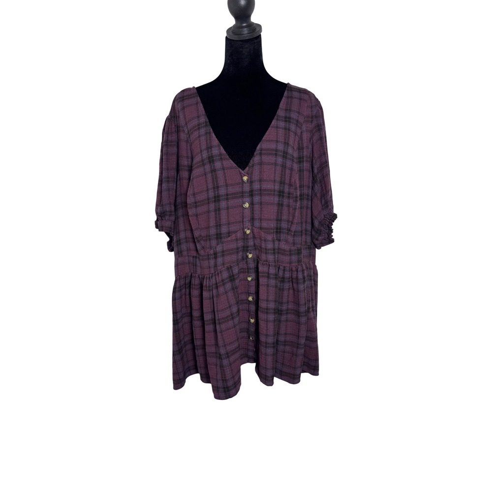 Torrid Babydoll Dress Women 4X Purple Black Plaid Button Front Smocked Mini
